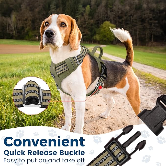 Funfox Dog Harness No Pull, Adjustable Pet Vest Harness, Super Soft Material with Vertical Handle Easy Control, Reflective Night Walking, 2 Leash Clips for Large Dogs, Army Green, L
