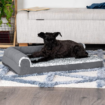 Furhaven Cooling Gel Dog Bed for Medium/Small Dogs w/ Removable Bolsters & Washable Cover, For Dogs Up to 35 lbs - Two-Tone Plush Faux Fur & Suede L Shaped Chaise - Stone Gray, Medium