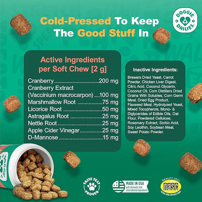 Doggie Dailies Cranberry Supplement for Dogs - Urinary Tract, Bladder & Kidney Support for Dogs - Cranberry for dogs with Marshmallow Root, Licorice Root & Apple Cider Vinegar (Chicken) 225 Soft Chews