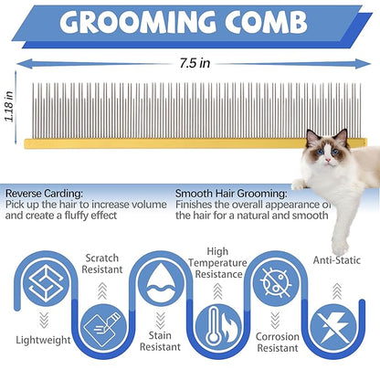 8.5 Inch Dual Tooth Pet Comb for Mats and Tangles，Professional Grooming Comb Removing Excess Hair for Long-Haired Cats and Dog Kit,Prevent Undercoat, Excess Hair,Mats and Tangles,Pet Essential