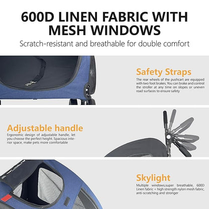 Extra Large Dog Stroller for Medium & Large Pets - Foldable Design, Adjustable Handle, Up to 130 lbs(Blue)