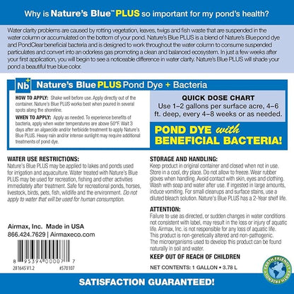 Airmax Pond Dye Plus, Nature's Blue Colorant & Natural Beneficial Bacteria, Large Pond & Lake Water Clarifier & Color Treatment, Shade Plants & Algae from Sunlight, Fish & Livestock Safe, 4 Gallons