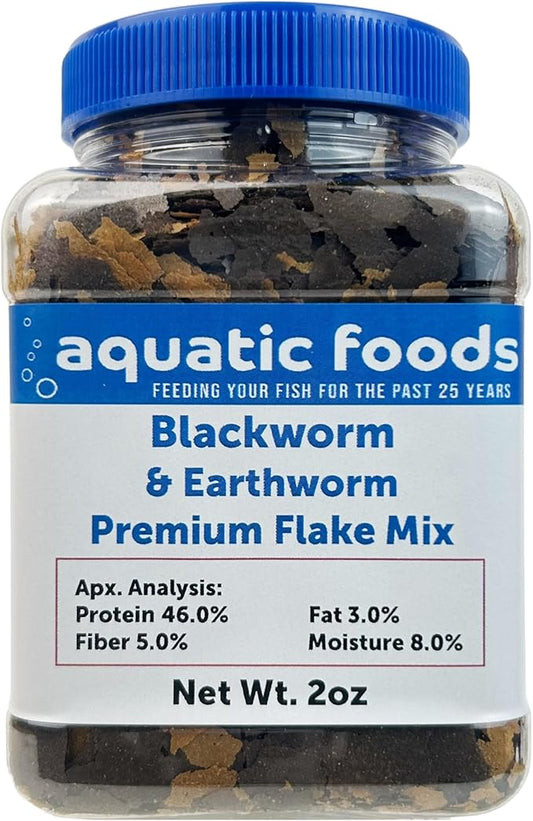 Aquatic Foods Inc. California Blackworm & Earthworm Premium Flakes for Discus, Cichlids All Community Tropical Fish Also Pellet Mix, Wafer Mix Included…2oz