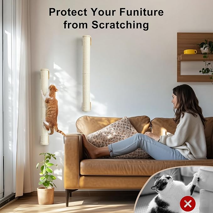 FUKUMARU Cat Wall Scratcher, 28" Wall Mounted Kitten Scratching Post, Sturdy Sisal Climbing Tree for Indoor Cats