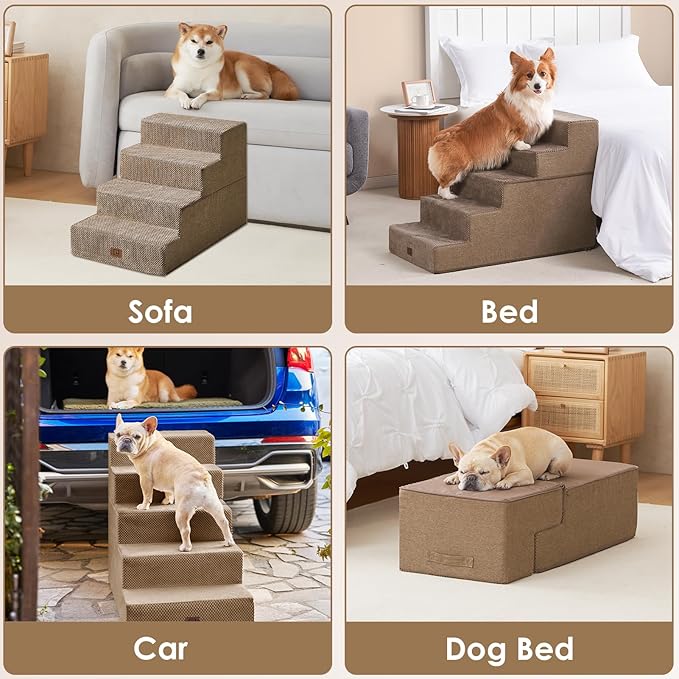 EHEYCIGA Dog Stairs for High Bed 25" H, 5-Step Extra Wide Dog Steps for Bed, Pet Steps for Small Dogs and Cats, Non-Slip Balanced Pet Ramp Indoor, Camel
