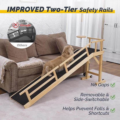 Dog Ramp for Bed or Couch, Wooden Pet Ramp with 20° Gentle Slope, Removable Side Rails, Non-Slip Surface, Top Platform & Wheels, Safe Bed Ramp for Small, Medium & Senior Dogs, 74" Long, Natural