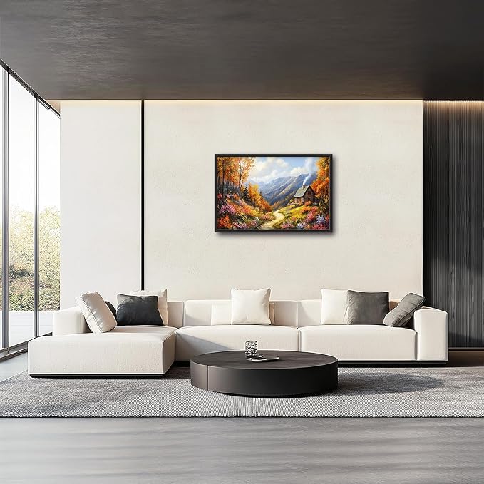 Framed Large Autumn Mountain Wall Art for Living Room, Oversized Wildflower Tree Wall Decor Nature Landscape Canvas Painting Modern Artwork Home Decoration for Living Room Bedroom 36"x24"