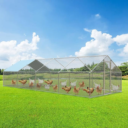4ever2buy Large Metal Chicken Coop with Run Walk-in Poultry Cage Chicken Runs House Pen Cage Spire Roofed Chicken Coops with Anti-Ultraviolet Cover for Outdoor Backyard Farm Use 9.5’Lx24.9’Wx6.4’H