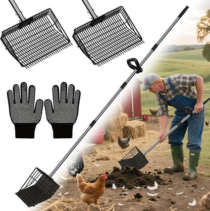2 in 1 Chicken Poop Scooper Rake , 2 Rakes and 4 Sections Adjustable Stainless Steel Handle 37.4 - 68.9 Inch, Litter Scoop Chicken Coop Scoop for Animal Farm and Poultry Habitats with Gloves