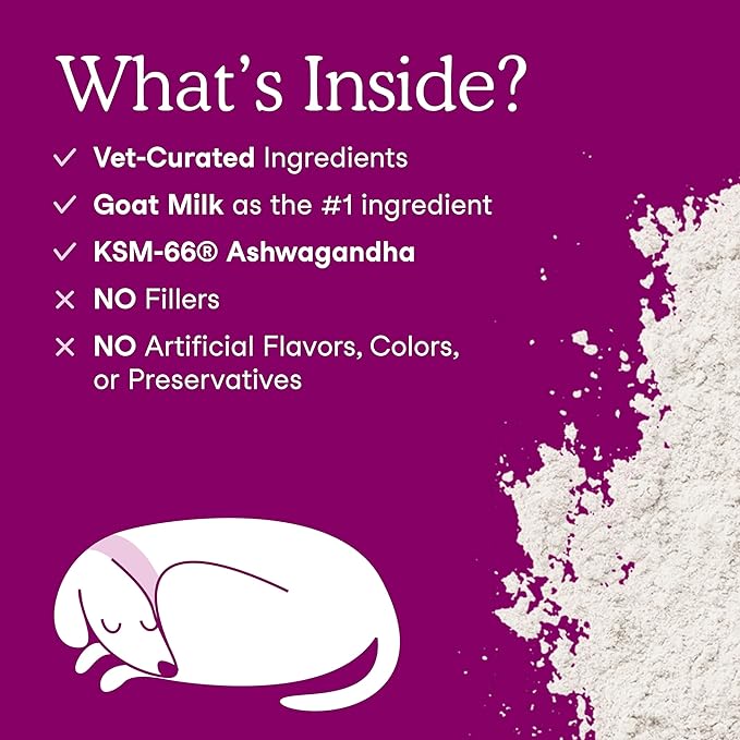 Fera Pets Goat Milk - Calming Supplement for Dogs & Cats - Ashwagandha, L-Theanine, & Passion Flower - Supports Anxiety Relief & Relaxation - for Picky Eaters - 60 TSP