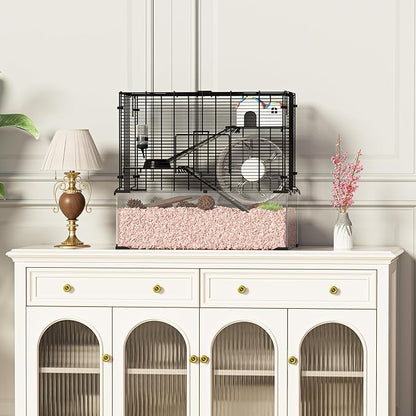 3-Tier Glass Hamster Tank, Large Hamster Cage Habitat with 11inch Big Running Wheel for Rat, Mouse, Gerbil, Syrian Hamster, 370 SQ INCHES