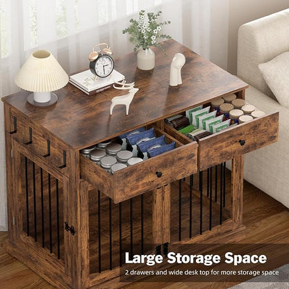40 Inch Furniture-Style Dog Crate-Multipurpose Wood Pet Crate Furniture with Double Doors,2 Drawers, Decorative Dog House Indoor for Smal/Medium Dogs, Brown Finish
