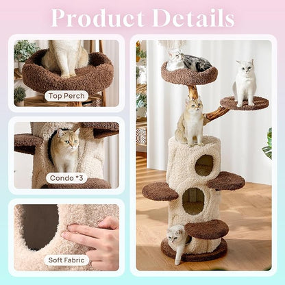 54.7'' Tall Modern Wood Cat Tree with 3 Level House, Luxury Cat Tower for Home Decoration, Large Cat Condo for Multi-Cat Families