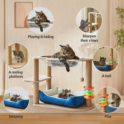 2 Tier Cat Tower,21.85 in cat Perch Wood cat condo with Hammock and Sisal Rope Scratcher Post Hanging Toy Balls for Indoor Large Cats Kittens (Blue)