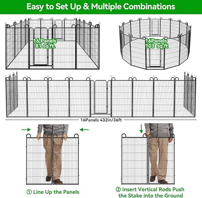 Dog Playpen Outdoor 16 Panels Heavy Duty Dog Fence 47" Height Anti-Rust with Doors Portable for RV Camping Yard, Total 36FT, 103 Sq.ft, Snowy Black