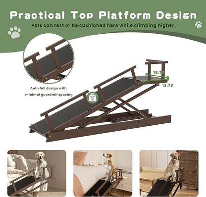 6 Level Height Adjustable Dog Ramp for Bed, Couch 65" Foldable Pet Ramp with Non-Slip Mat，DIY Glow Strips & Rest Platform Heavy Duty Dog Stairs for Large Dogs up to 200Lbs ，Brown