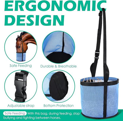2 Pcs Horses Feed Horse Bag for Grain Hay Bags Heavy Duty Mesh Horse Feeder with Adjustable Strap Comfort Neck Pad Nose Pad and Waterproof Bottom Muzzle(Blue)