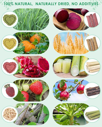 ERKOON 53 Bunny Chew Toys for Rabbits Teeth, Natural Rabbit Toys Apple Wood Sticks, Carrot, Timothy Grass for Small Pets, Hamster, Chinchilla, Guinea Pig Dental Care and Treat Teething(53)