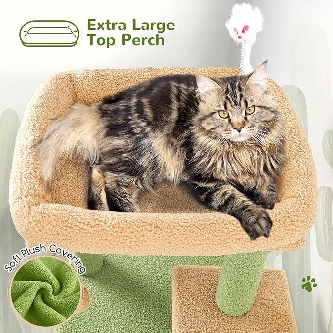 Globlazer Cactus Cat Tree Tower for Indoor Cats, 50-inch Adult Cat Tree House for Large Adult Cats with Steps, Scratching Post, 2 Cat Caves, Dangling Toys, FC50, Green