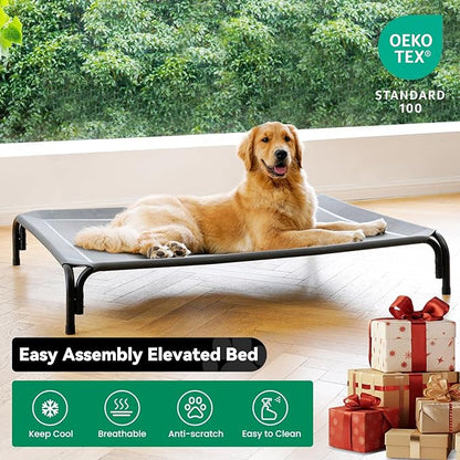 Elevated Dog Bed Raised Outdoor Dog Cot for Large Dogs, Installation Requires No Tools, Frame with Washable Cooling Breathable Mesh Anti-Slip Feet, Indoor Pet Bed, Grey, 43.3 Inches