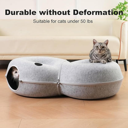 8-Shaped Large Cat Tunnel Bed for Indoor Cats, Infinite Circulation Peekaboo Cat Cave with 12 Toy Balls, Cat Donut Tunnel for Cats up to 30 Pounds (Light Grey, L 38x24x11in)