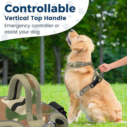 Funfox Dog Harness No Pull, Adjustable Pet Vest Harness, Super Soft Material with Vertical Handle Easy Control, Reflective Night Walking, 2 Leash Clips for Small Sized Dogs, Camo Green, S