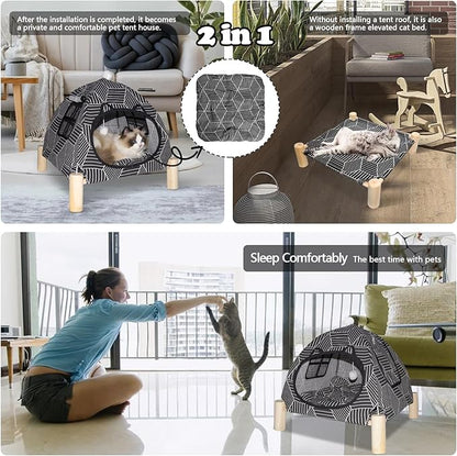 2-in-1 Elevated Cat Tent Cat House, Quick Assembly and Disassembly, Portable Indoor/Outdoor Cute Cat Bed Cave-Black Diamond Pattern