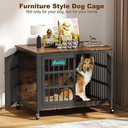 EasyCom 41"/33"/27" Dog Crate Furniture with Name Tag, Heavy Duty Dog Kennel Indoor for Medium Dogs, Double-Doors Sturdy Metal Dog Cage for Anxiety Dog, Decorate House as TV Stand, End Table