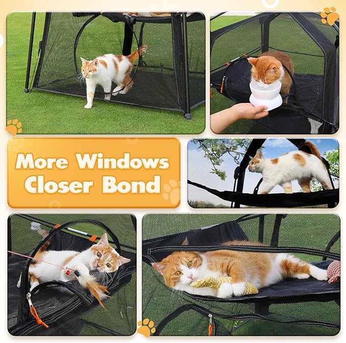 Extra Large Catio Outdoor Cat Enclosure, Rywell 3-Tier Spacious Outdoor Cat Tent, Weatherproof&Sunproof with 5 Windows, Foldable Cat Enclosure for Patio, Camping, Indoor(Includes Carry Bag)