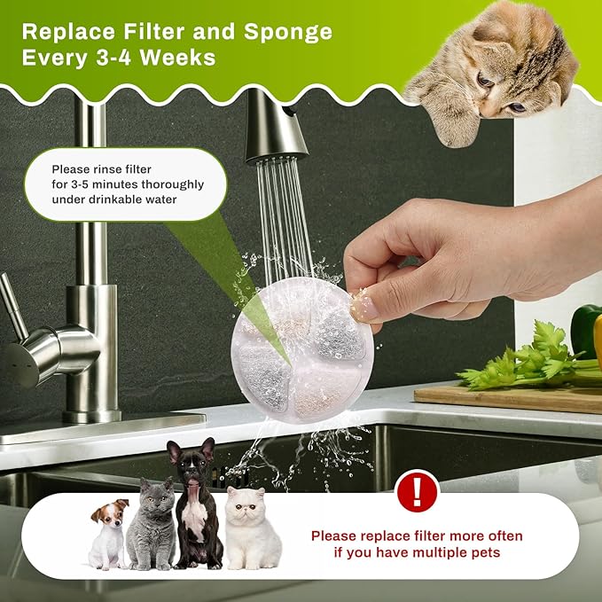 10 Set Cat Water Fountain Filters for 2L/67oz Round Stainless Steel Pet Water Fountain, ZEKIRY Pet Water Fountain Filters, Triple Filtration Replacement Filters(10 Filter, 10 Sponge, 10 8D Sponge)