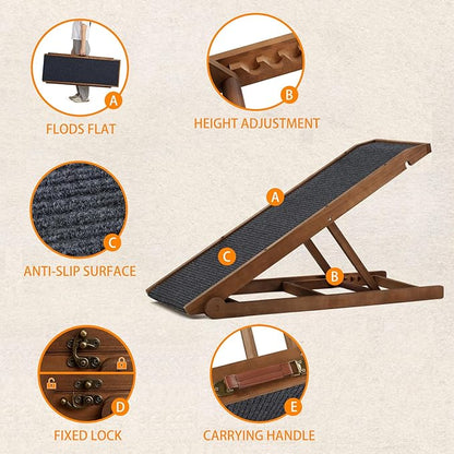 Dog Ramp for Bed Couch - Pet Steps Stairs to Get on Bed Couch 11.8"-19.6" High for Small or Large Dog Up to 200 lbs, Adjustable Wooden Dog Ramp Steps Foldable Portable, Anti-Slip Carpet (Brown)