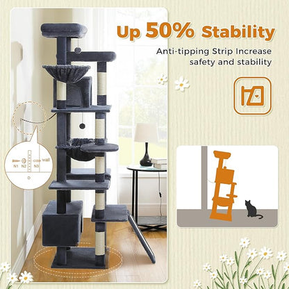 81 Inch Tall Cat Tree for Big Cats & Multi-Cat Homes, Large Heavy Duty Cat Tower with Metal Frame Hammock, 6 Scratching Posts, 2 Condos, 2 Perches, Scratching Pad - Dark Grey