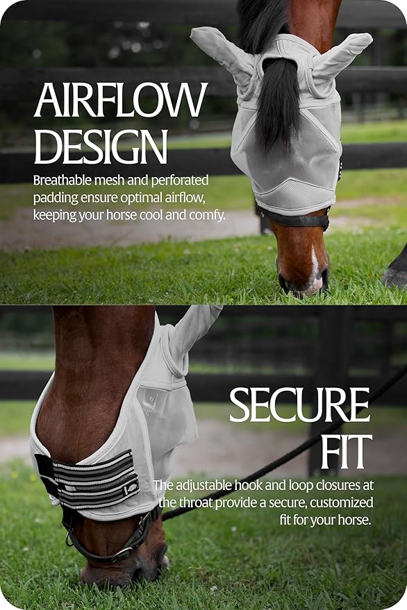 Equinavia Algard Soft Mesh Horse Fly Mask with Ear Protection and 45 UPF Rating | No Eye Irritation & UV Protection - Silver - Warmblood