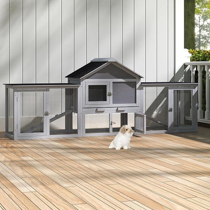 82.5” Large Wooden Rabbit Hutch Outdoor Easy to Assemble Rabbit Cage and Durable Bunny Hutch Indoor with Cleaning Tray & Waterproof Roof for Small and Medium Bunny Rabbit Chick (Grey)
