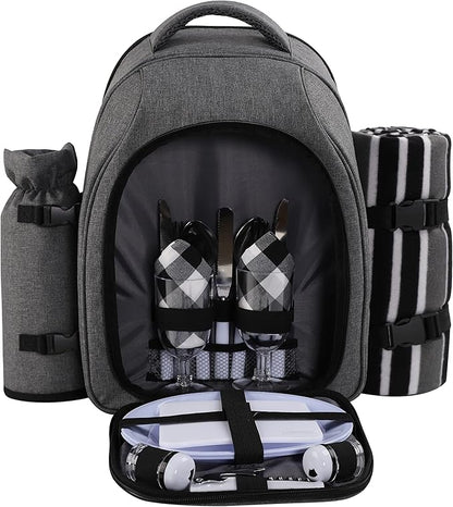 apollo walker Picnic Backpack Bag for 2 Person with Cooler Compartment, Detachable Bottle/Wine Holder, Fleece Blanket, Plates and Cutlery Set (2Person,Grey)