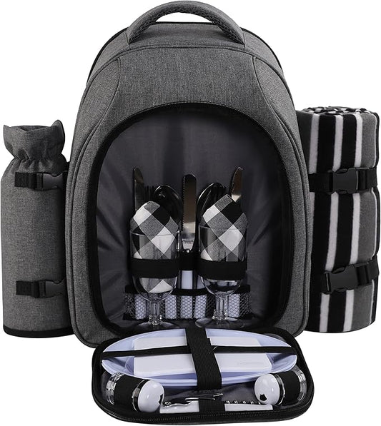 apollo walker Picnic Backpack Bag for 2 Person with Cooler Compartment, Detachable Bottle/Wine Holder, Fleece Blanket, Plates and Cutlery Set (2Person,Grey)