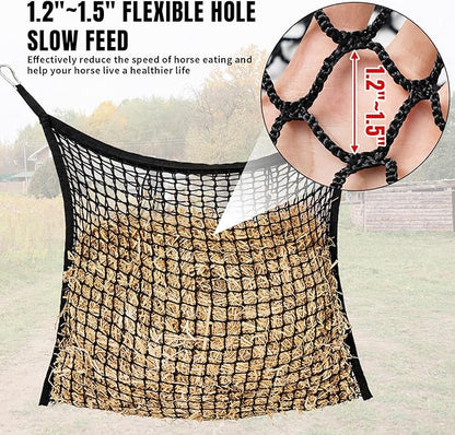 4 PCS Slow Feed Hay Net for Horses, Large Capacity Hay Bags for Horses Goats Sheep Donkey Trailer Full Day Feeding, Easy to Fill and Hang, Black, 35 x 31 Inch