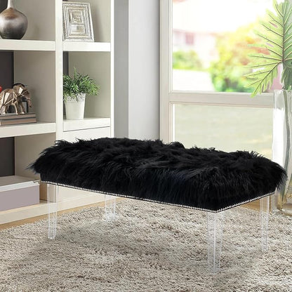 46 Inch Black Bedroom Bench, Benches for Bedroom White Faux Fur Upholstered Bed end Bench, Tufting Bench Indoor Bench with Acrylic Legs for Living Room Bedroom Dining Room Entryway, Black