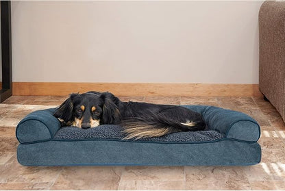 Furhaven Pillow Dog Bed for Medium/Small Dogs w/ Removable Bolsters & Washable Cover - Sherpa & Chenille Sofa - Orion Blue, Medium