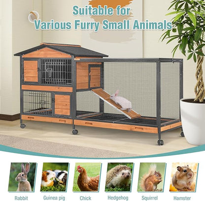 2-Story Rabbit Cage with Chew-Proof Metal Frame for Indoor/Outdoor - 62" Bunny Hutch Guinea Pig Cages with 6 Locking Wheels & 2 Removable Trays for Rabbits/Guinea Pigs