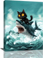 Funny Black Cat Bathroom Wall Art Cute Cat Riding Shark Canvas Wall Decor Animal Kitten Pictures Painting Print Artwork Framed Decorations Gifts for Cat Lover Kids Room Bedroom 12"x16"