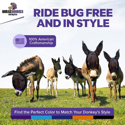 Donkey Fly Mask with Long Ears (Purple) Made in USA - Mule Fly Mask with Ears Protection from Insects and Bugs, Mini Donkey Soft Mesh Fabric with Adjustable Fastener, Face Cover Supplies for Donkeys