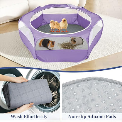 2-in-1 Small Animals Playpen with Pad, Waterproof Small Pet Cage Tent with Reusable Pad, Portable Outdoor Yard Fence with 3 Metal Rod for Chick/Kitten/Puppy/Guinea Pig/Rabbits/Chinchillas, Purple
