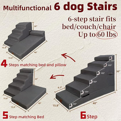 Dog Stair ramp for 30 inch high beds. 6-Step Dog Stair Ramp for 20 to 36 Inch Sofa Beds. Pet Steps for Small, Medium and Large Dogs. Non-Slip, Balanced and Portable. Multifunctional 6 Steps, Gray.