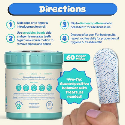 All-in-1 Dog Teeth Cleaning Wipes | Enzymatic Whitening + Premium Scrubbing Beads | No Mess, Pet Dental Wipes & Finger Tooth Brushing Kit | Plant-Based Dental Care for Cats & Dogs (60 Count)