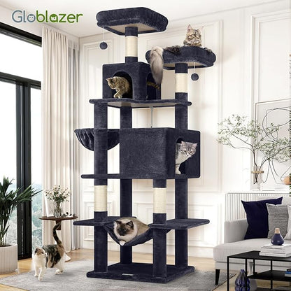 Globlazer Cat Tree Tower, 76-Inch Extra Tall Multi-Level Cat Furniture with Cozy Condos, Hammock and Perches for Adult Cats, Perfect for Climbing, Scratching, and Play, F76, Dark Grey