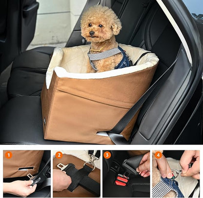 Amazon Basics Pet Car Booster Bucket Seat for Small Pets up to 25lbs, Machine Washable Cover, Clip-On Safety Leash, 18" x 18" x 16", Tan