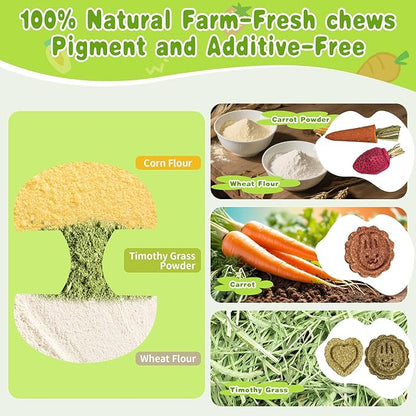 10 PCS Guinea Pig Chew Toys for Teeth, Rabbit Chew Toys Contain Natural Timothy Apple Core, Grass Cake, Carrot and Strawberry;Hamster toys for Bunny Chinchilla Gerbil Dental Care & Treat Teething