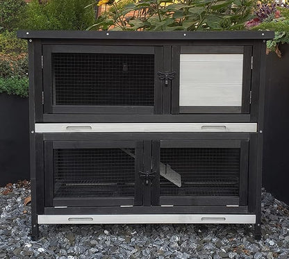 Double Level Solid Wood Rabbit Hutch Small Animal Cage for Rabbits, Guinea Pigs, Hedgehogs & Lizards Indoor/Outdoor– 2-Tier Eco-Friendly Habitat with Bedding Area, Durable & Easy to Clean