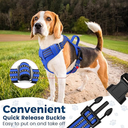 Funfox Dog Harness No Pull, Adjustable Pet Vest Harness, Super Soft Material with Vertical Handle Easy Control, Reflective Night Walking, 2 Leash Clips for XLarge Dogs, Blue, XL